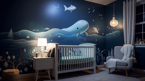 Chambre de bébé avec une veilleuse en forme de baleine sur le mur
