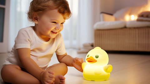 Veilleuse en forme de canard jaune avec un bébé garçon de un an