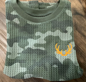 Embroidered Neon Orange Toddler Long Sleeve Camo Henley Shirt - D2 Threads