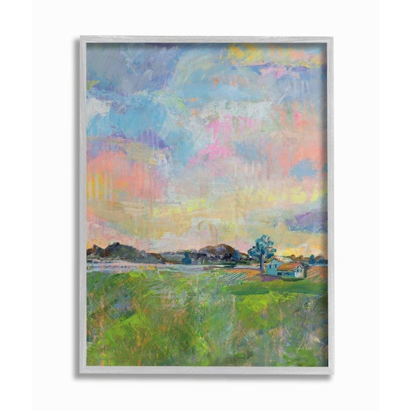 "Spring Meadow Sky with Field House Pastel Painting" by Jeanette Vertentes Framed Nature Wall Art Print 11 in. x 14 in.