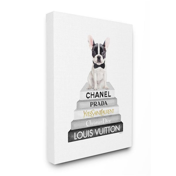 "Cute French Bulldog Puppy Sitting Bookstack" by Amanda Greenwood Unframed Animal Canvas Wall Art Print 36 in. x 48 in.