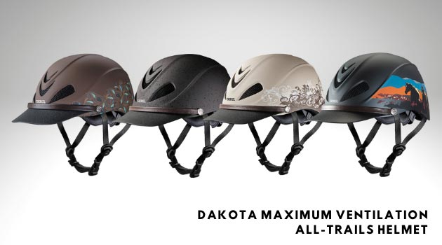 A display of Dakota Maximum Ventilation All-Trails Helmets for riding horses.