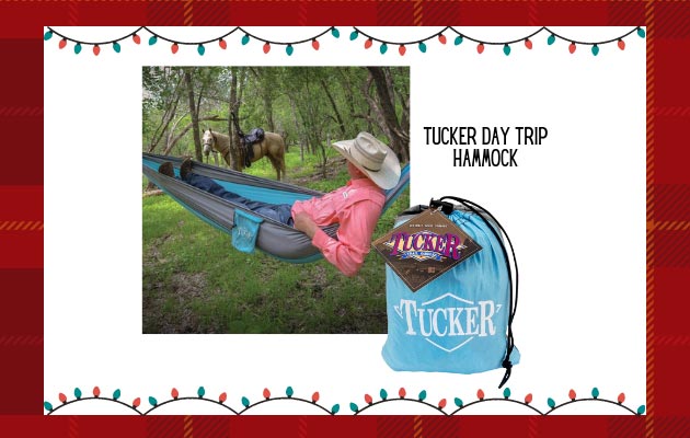 A graphic with a man lying in a Tucker Day Trip Hammock by his horse in the woods.