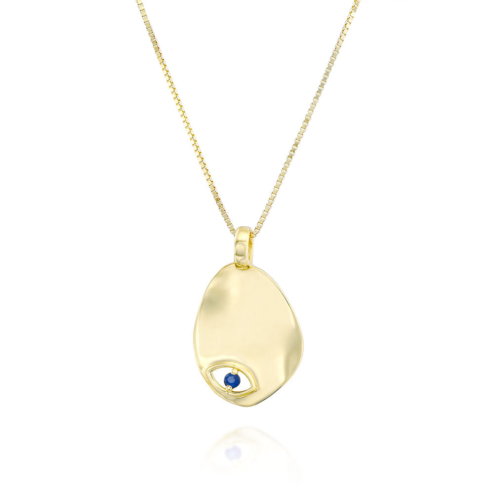 Gold necklace with an amorphous pendant decorated with a sapphire-encrusted eye