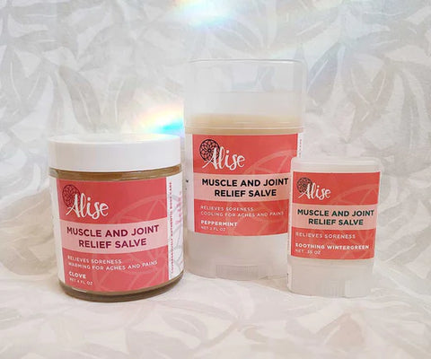 Muscle and joint relief salve product line handcrafted by Alise Body Care.