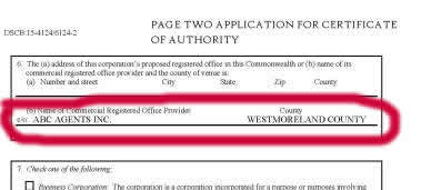 1 Year CROP Service (Pennsylvania Commercial Registered Office Provide –  ABC Agents -- Pennsylvania Commercial Registered Office Provider