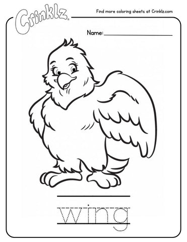 Coloring sheet of Alma the eagle with her wing stretched out.