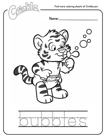 Crinklz the tiger blowing bubbles on a coloring sheet.