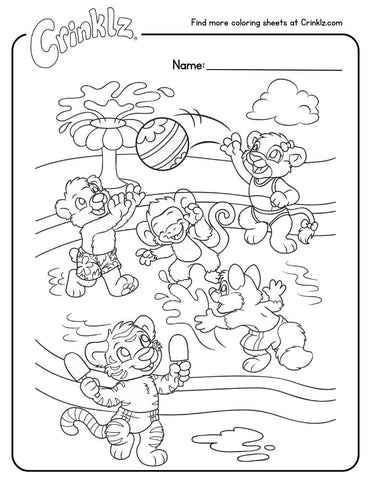 Coloring page of the Crinklz Crew splashing around at a pool party.