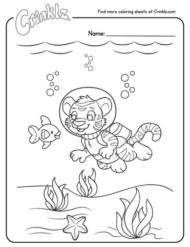 Coloring sheet of Crinklz the tiger scuba diving.