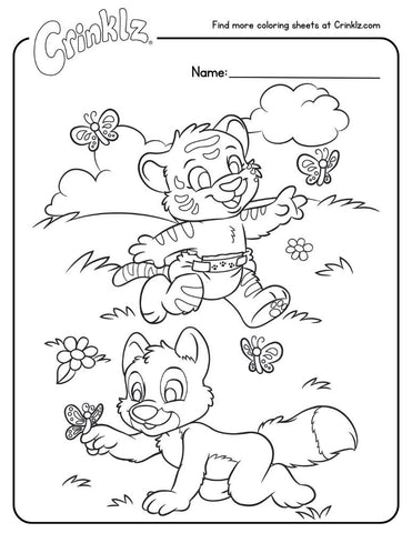 Coloring sheet of Crinklz and Felix chasing butterflies.