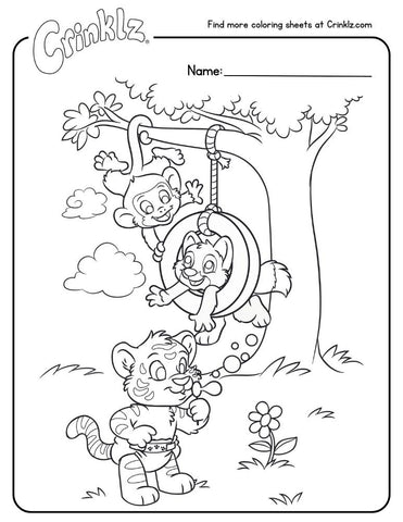 Coloring sheet of Crinklz, Max, and Felix playing near a tree.