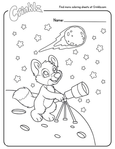 Coloring page of Felix the fox using a telescope to look into space.