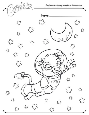 Coloring sheet of Leah the lioness as an astronaut in space.