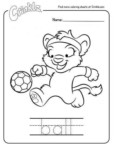 Coloring sheet of Leah the lion kicking her soccer ball.