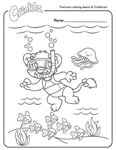 Coloring page of Leah the lion snorkeling in the sea.