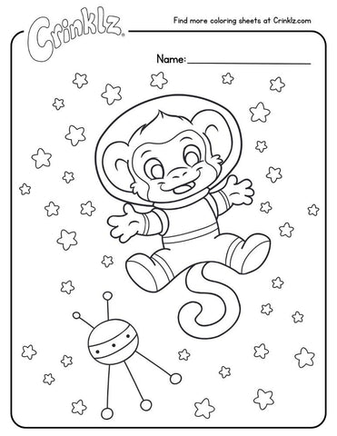 Coloring sheet of Max the monkey as an astronaut in space.