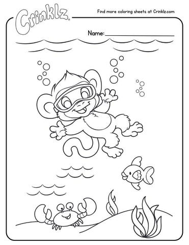 Coloring sheet of Max the monkey swimming in the sea.