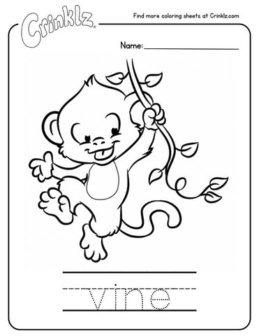 Coloring sheet of Max the monkey swinging on his vine.