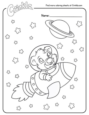 Coloring sheet of Theo the bear in his rocket ship.