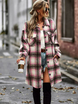 Plaid Longline Shirt Jacket with Pockets