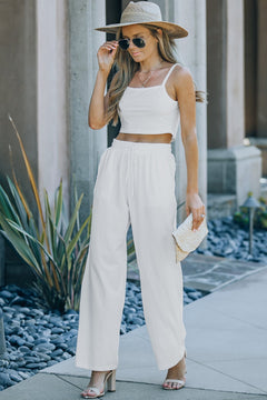 White Cropped Cami Top And High Waist Pants Two Piece Set