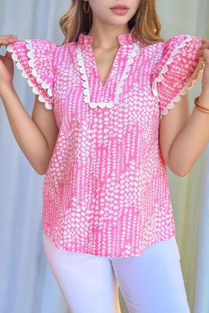 Abstract Print Ric Rac Trim Flutter Sleeve Notched Blouse - Michelle Francisco