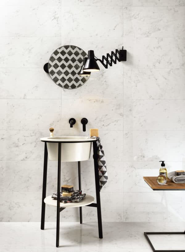 Michelangelo 12x24 Polished Porcelain Tile in Carrara bathroom backsplash