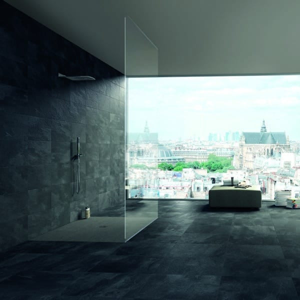 Move 12x24 Rectified Porcelain Tile in Black featured in a modern bathroom