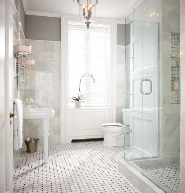 Arabescata Carrara Select 6x12 Polished Marble bathroom with walk in shower 