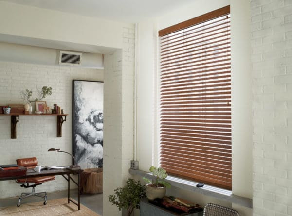  Compare Commercial Everwood® Alternative Wood Blinds in an office 