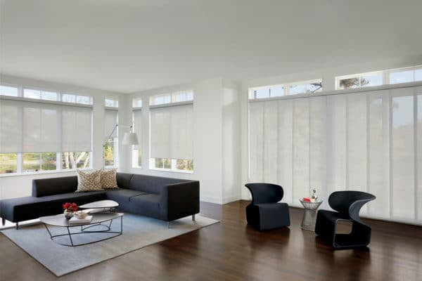 Hunter Douglas Designer Screen Shades in living room window treatment