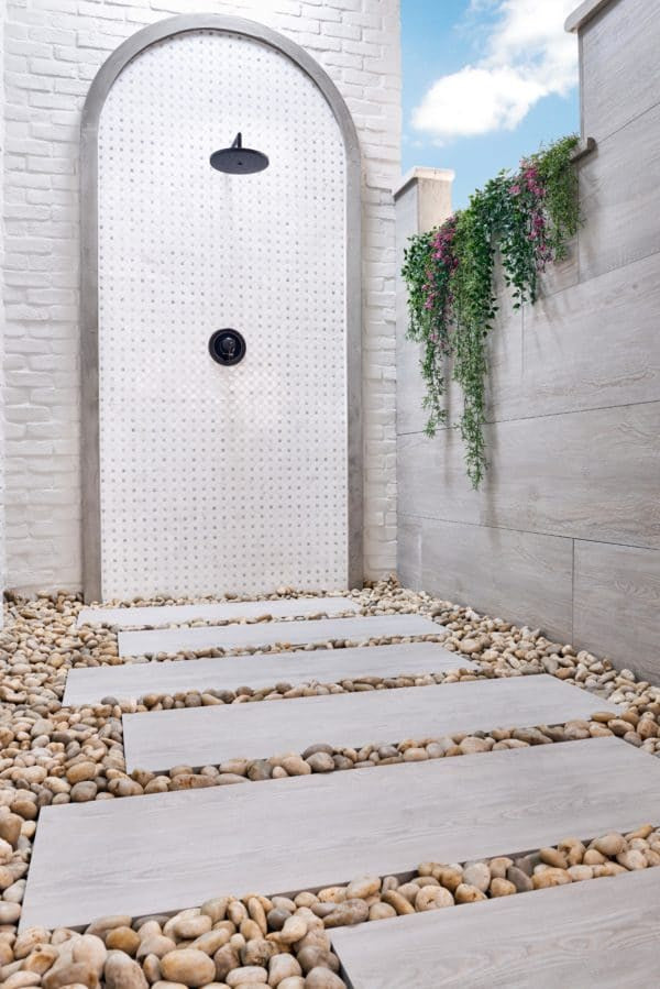 Dolomite Dotty Mosaic Natural Stone in Bianco outside shower wall 