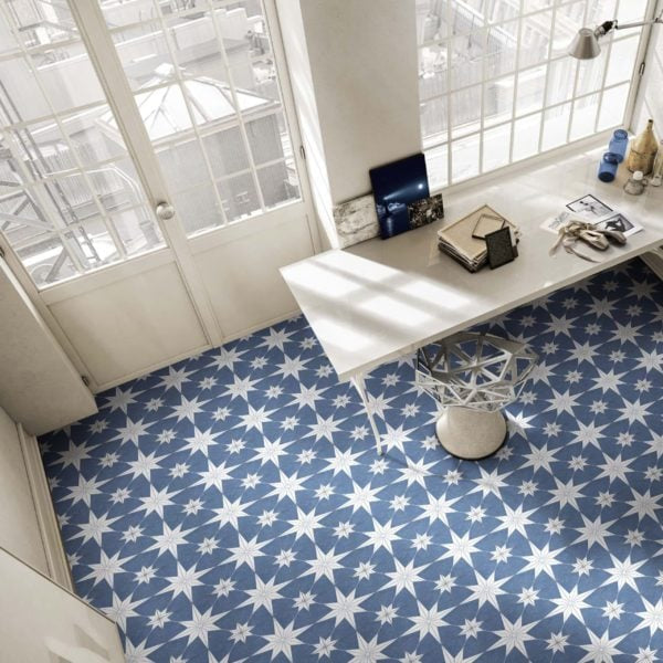 Stella 9 3/4 x 9 3/4 Patterned Tile in Day blue star tile floor 