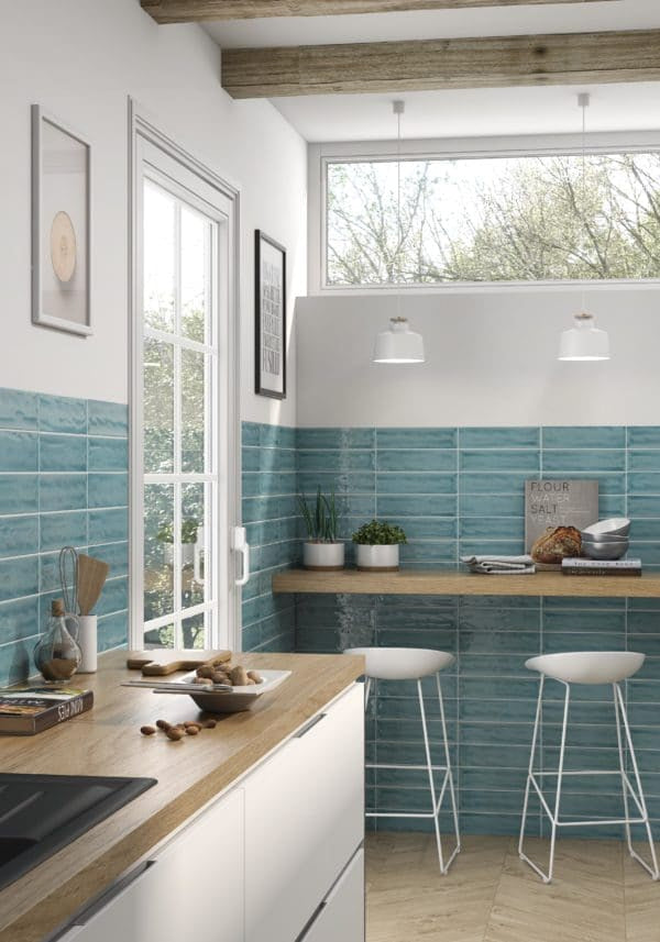 Watercolor 3x12 Subway Tile in Atoll Blue in farmhouse kitchen wall 