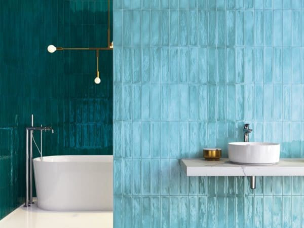 Watercolor 3x12 Subway Tile in Atoll Blue bathroom backsplash 