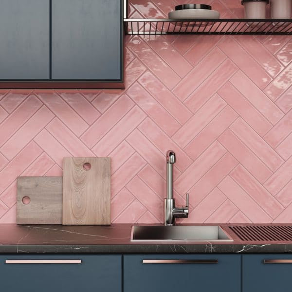 Kitchen backsplash featuring Watercolor 3x12 Subway Tile in Velvet Pink