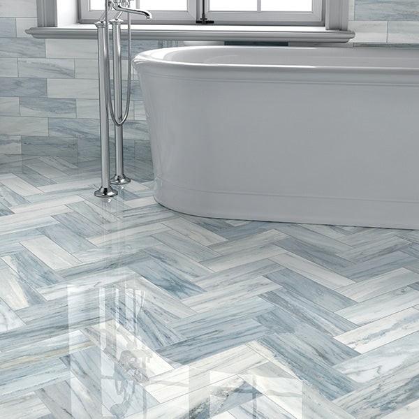 Iconic Blue Monte Carlo 1×3 Herringbone Mosaic Matte Porcelain Bathroom Tile