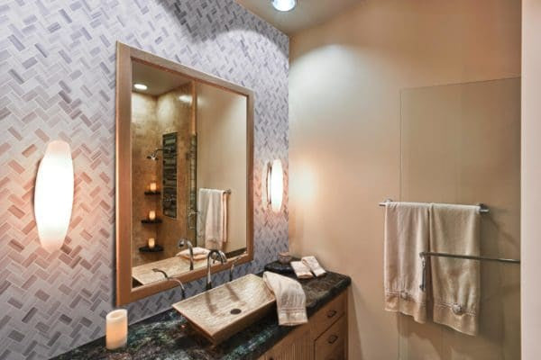 Herringbone Mosaic Natural Stone in Bergamo Polished vanity bathroom backsplash 