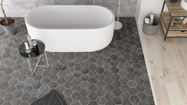 Cottage Hexagon Porcelain Tile in Graphite bathroom floor