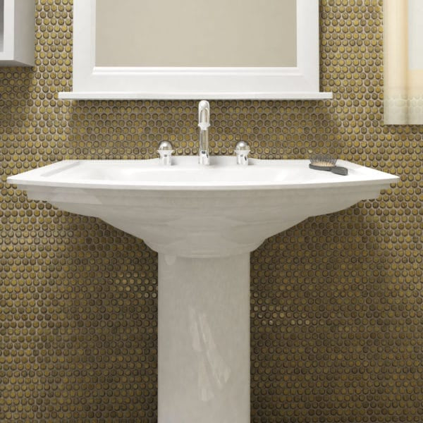 Hudson Penny Round Tile in Brownstone bathroom wall 