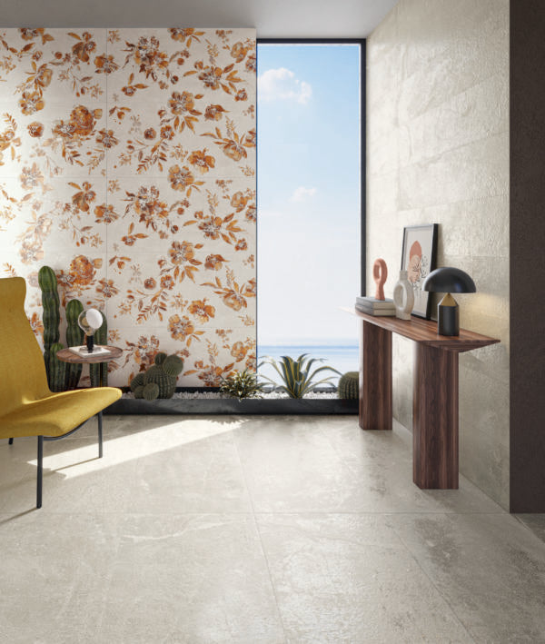 Ibla 24x48 Large Format Porcelain Tile in Linfa featured in modern living room