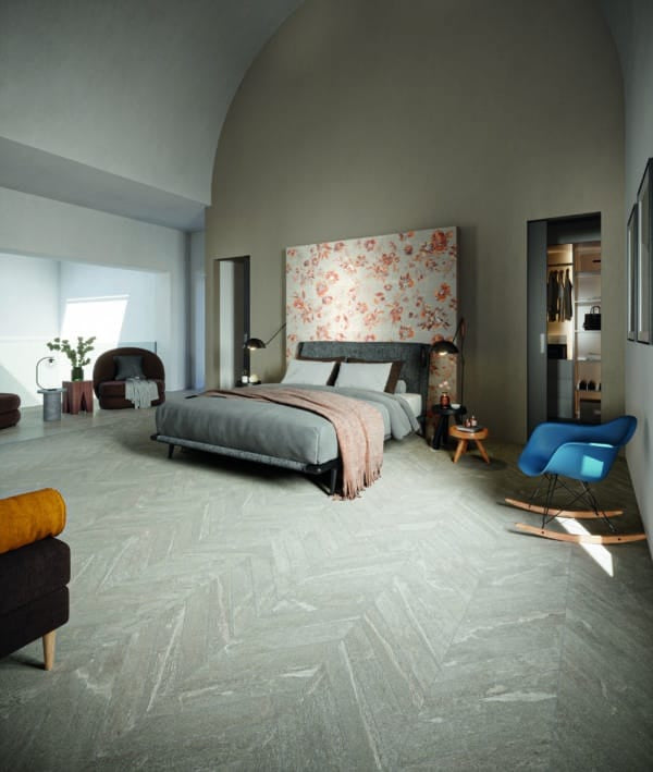 Ibla 4x20 Chevron Porcelain Tile in Resina featured in bedroom floor