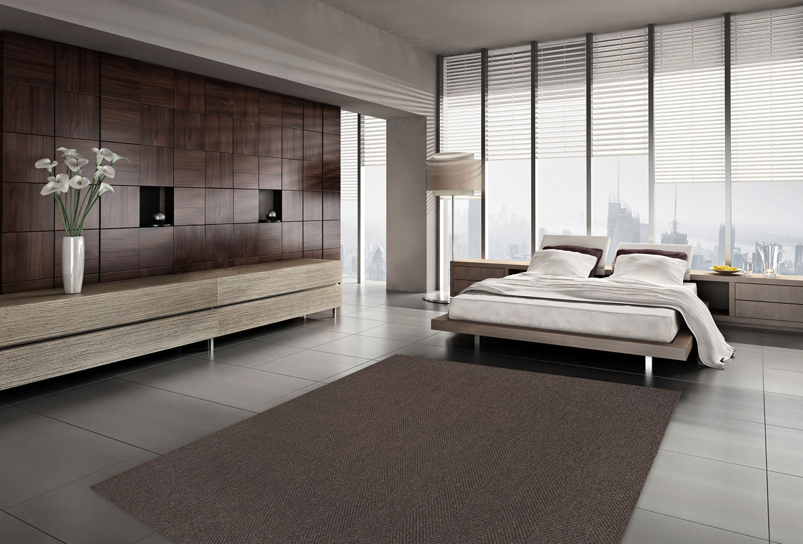 Charcoal Monaco Sisal Wool Area Rug on Bedroom Floor 