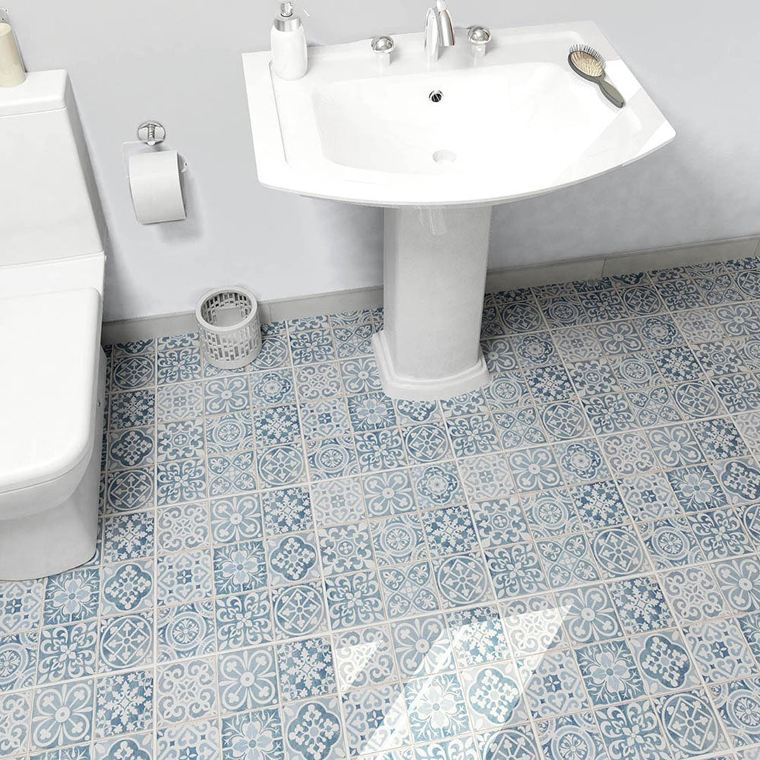 Azul Faenza 13×13 Patterned Tile on Bathroom Floor