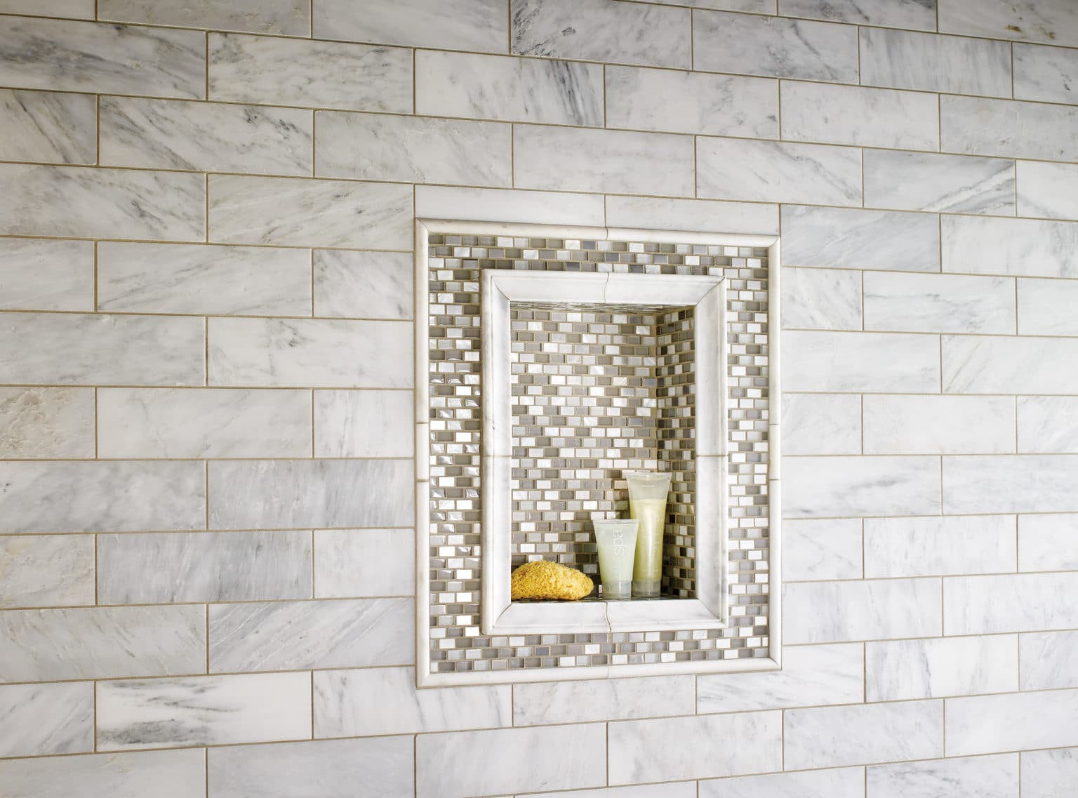 Arabescata Cararra Select 4×12 Marble on Bathroom Wall