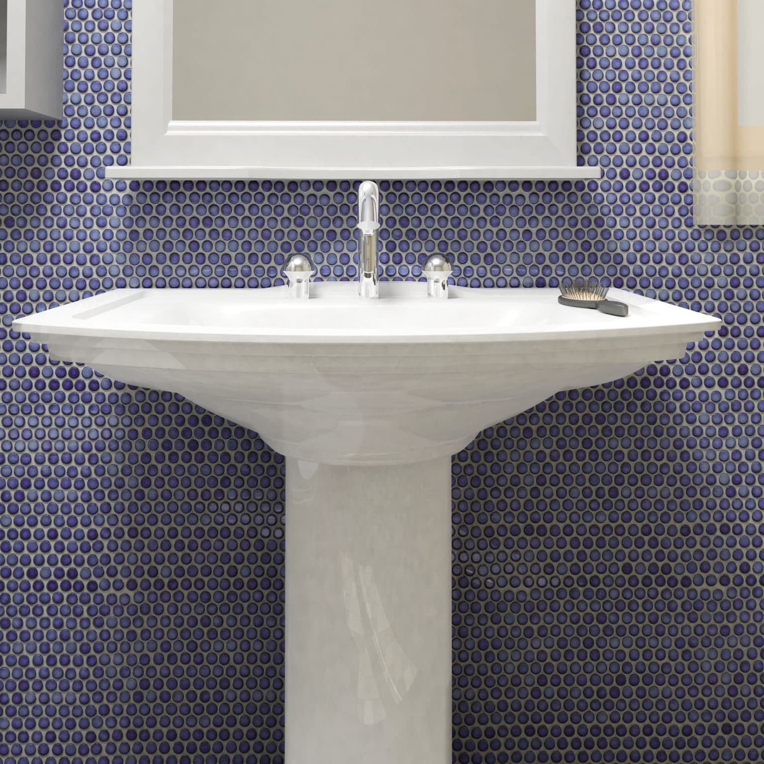 Sapphire Glossy Hudson Penny Round Tile on Bathroom Wall