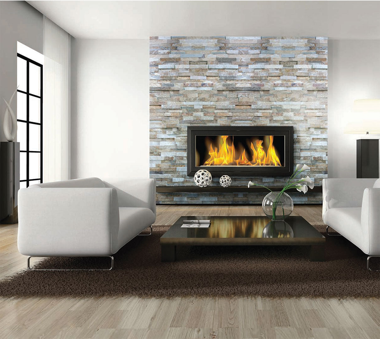 Sunset Silver Landscape 6×24 Natural Stone Ledger Panel above Fireplace