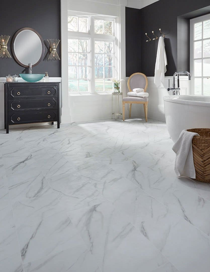 Gray Legacy Adura® Max 12×24 Vinyl Tile in White Bathroom Flooring