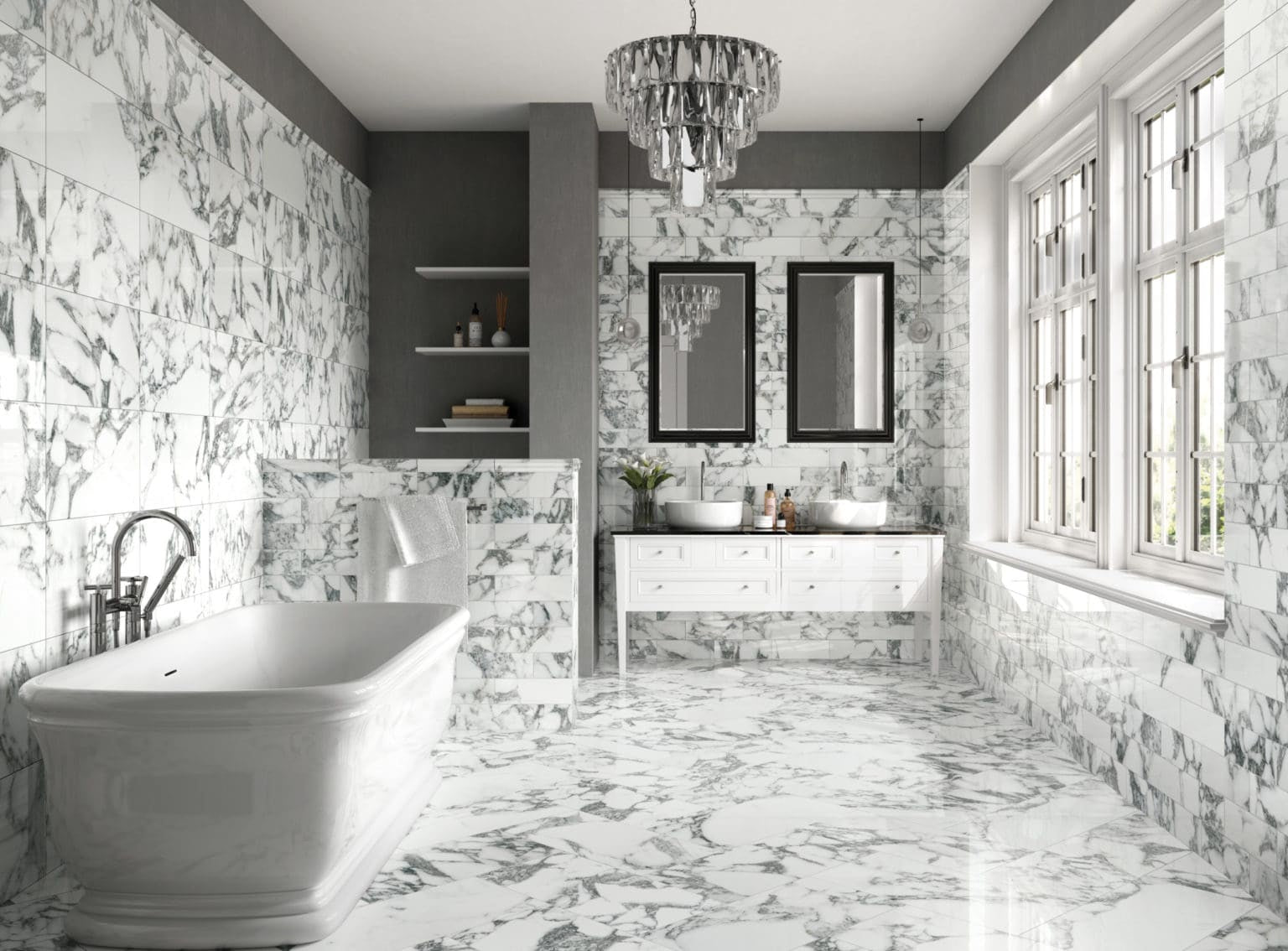 New Arabescato Monte Carlo 4×12 Porcelain Tile on Bathroom Floors and Walls